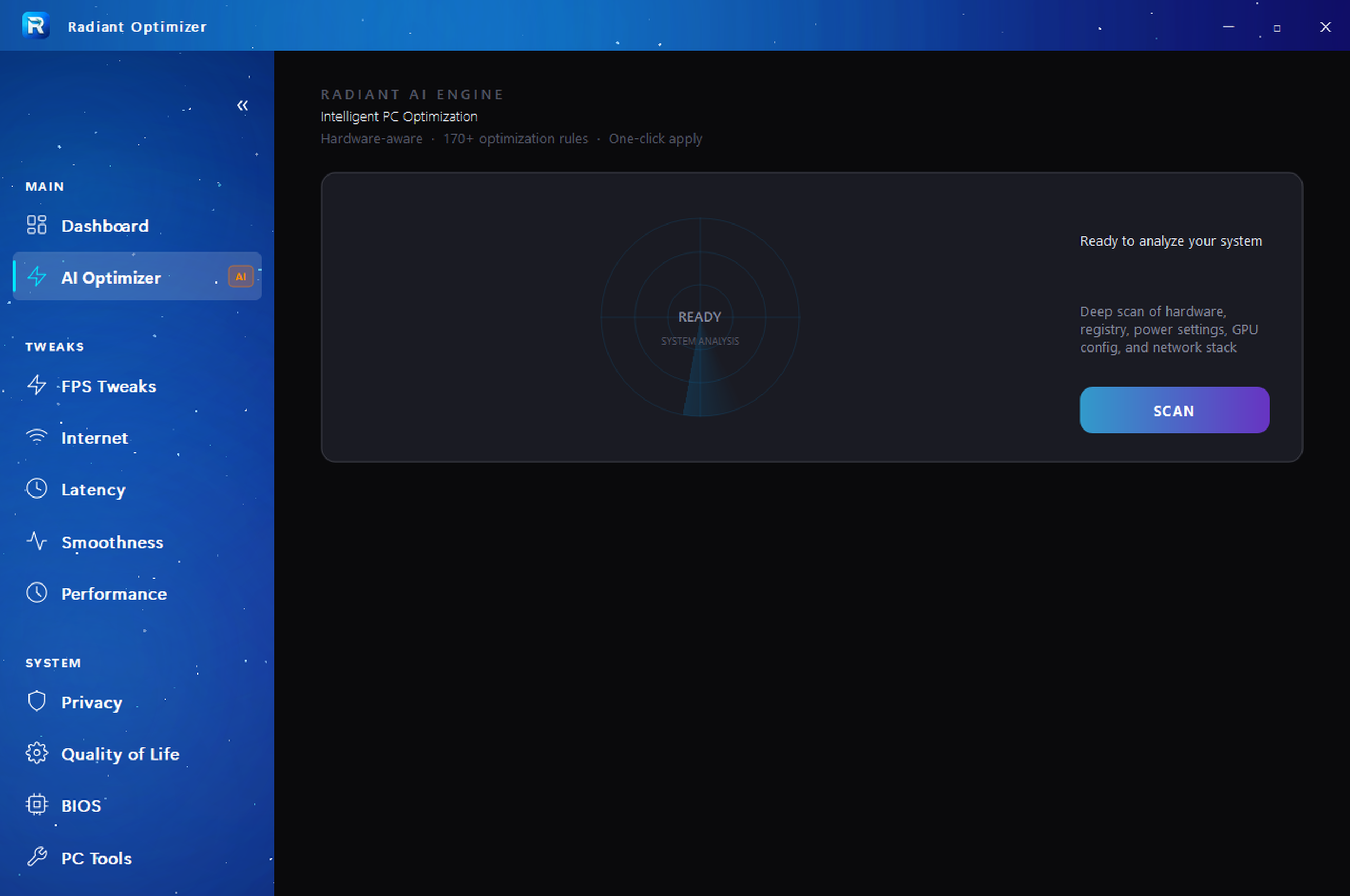 Radiant AI Engine — personalized PC optimization plan based on your GPU, CPU, and RAM hardware
