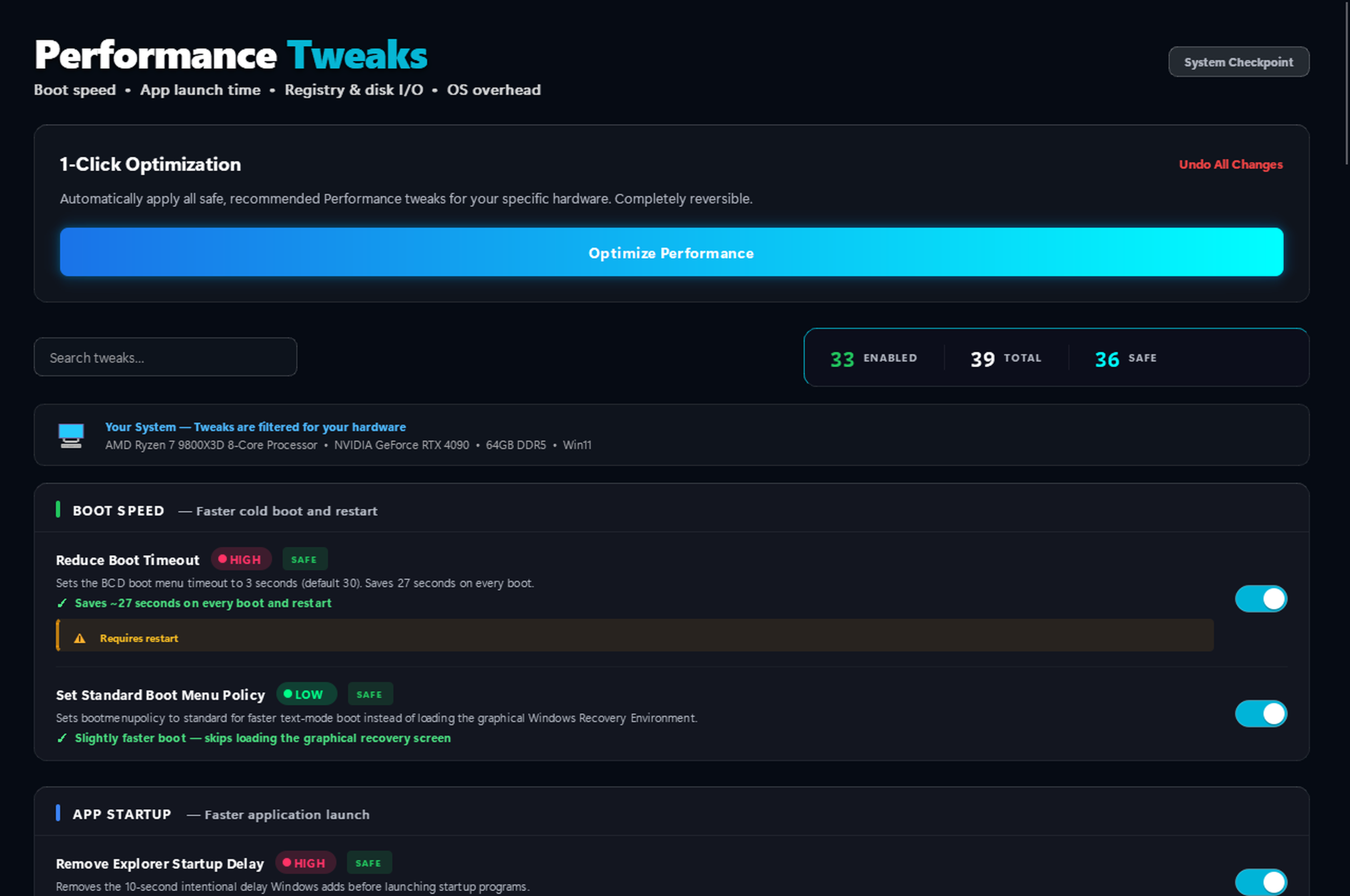 Performance Tweaks — 37 Windows optimizations for faster boot, better CPU scheduling, and system speed